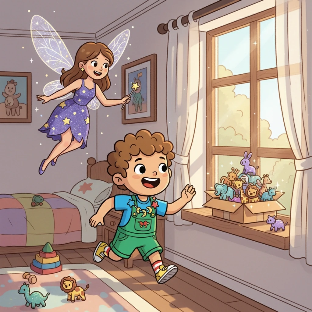 A la mañana siguiente, Samuel corre emocionado hacia la ventana. La caja está vacía, pero en su lugar encuentra un montón de figuras de animales brillantes. El Hada de los Chupetes, sonriendo, le ha recompensado por su generosidad.