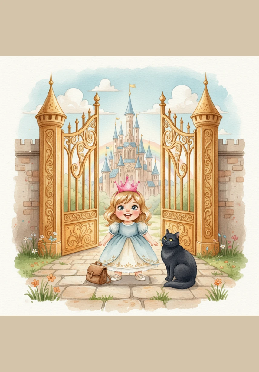 Princess Pip stands at the big golden gates of her castle. She wears her favorite pink crown and looks out at the bright green world. Today is the day for a grand adventure.