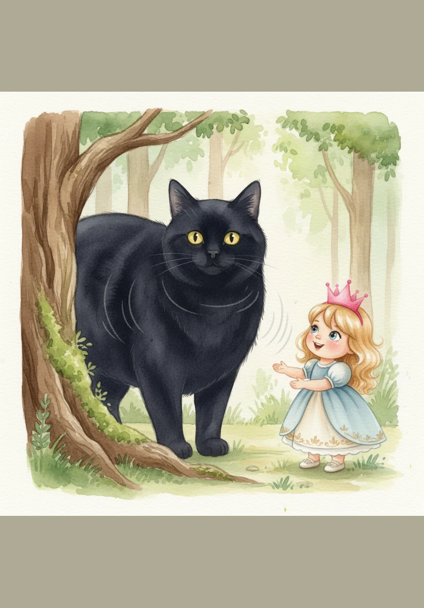 A giant, fluffy black cat with big yellow eyes steps out from behind a tree. He lets out a gentle purr that sounds like a happy motor. Pip smiles and reaches out to touch his soft fur.