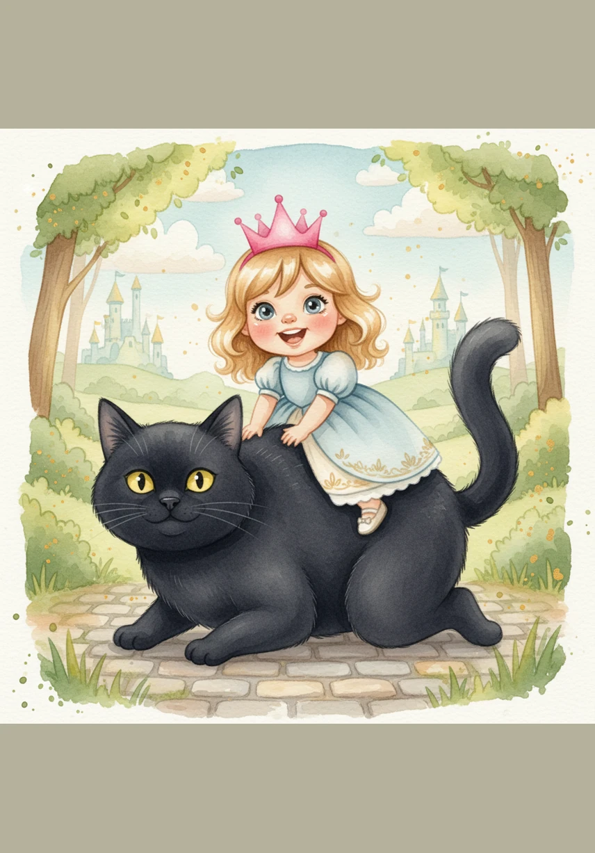 The big cat, named Midnight, kneels down so Pip can climb onto his back. His fur is as soft as a cloud and very warm. Together, they start their journey through the kingdom.