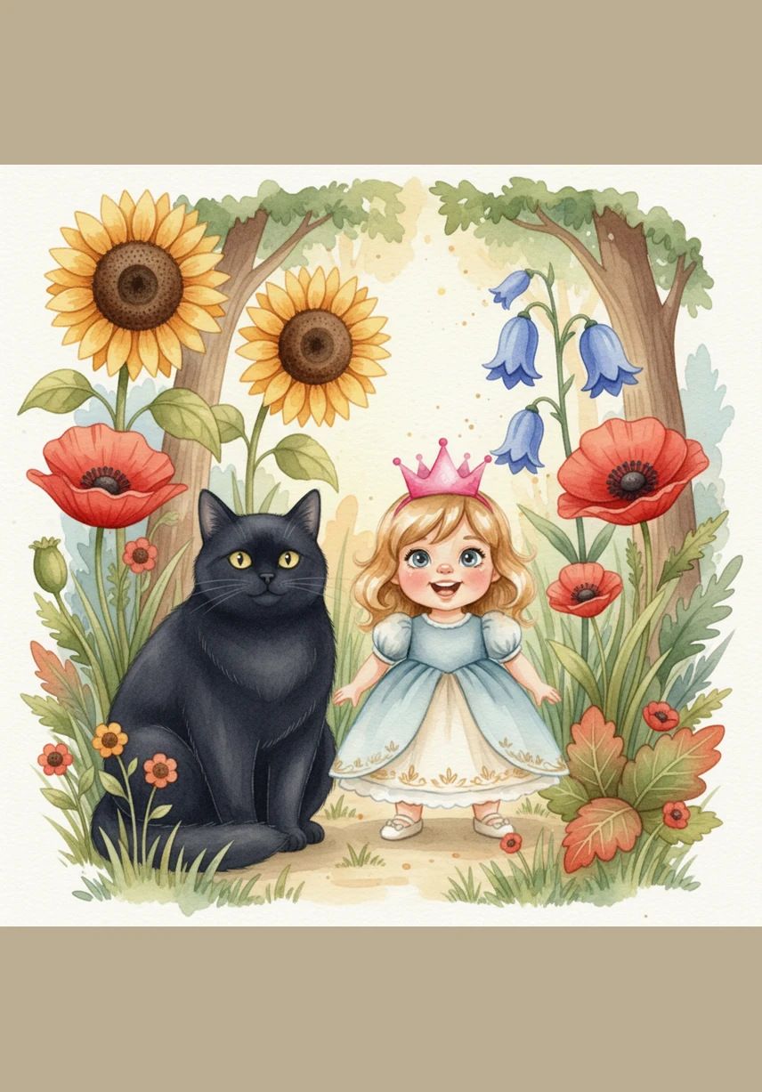 They walk through a magical forest where the flowers are taller than Pip. Midnight sniffs a bright red blossom while Pip laughs at the buzzing bees. Everything is colorful and exciting.