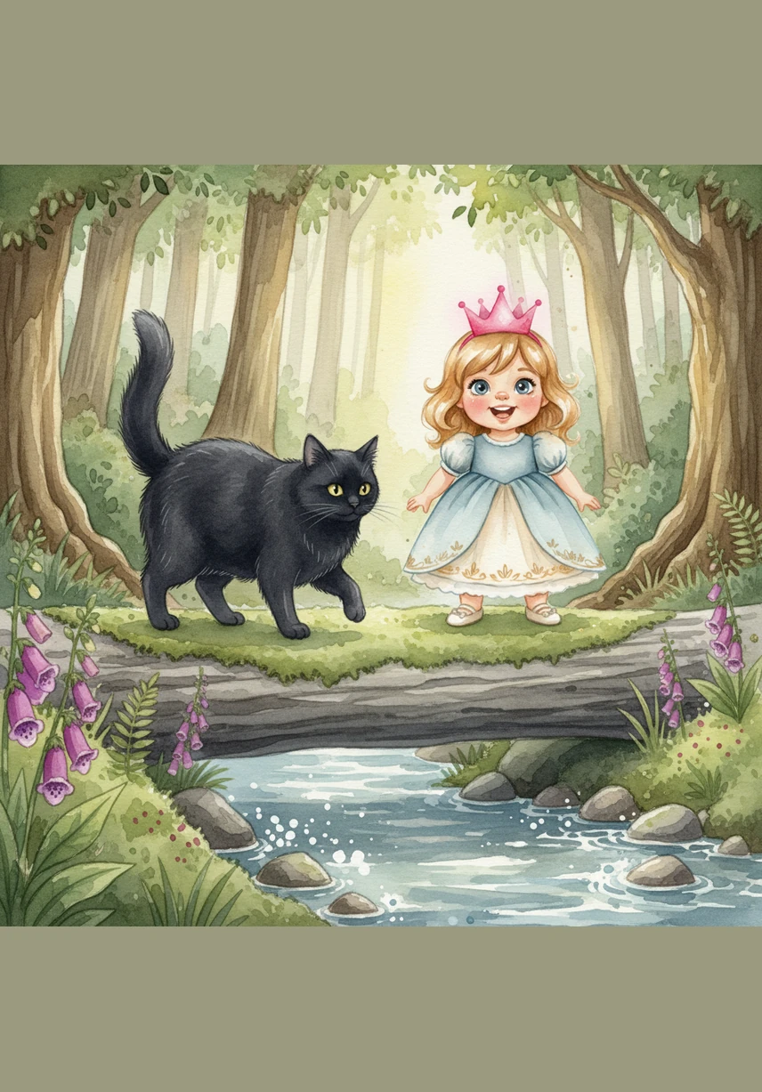 To cross the water, Midnight walks carefully across a big, mossy log. Pip holds on tight to his silky fur and feels very brave. They make it safely to the other side.