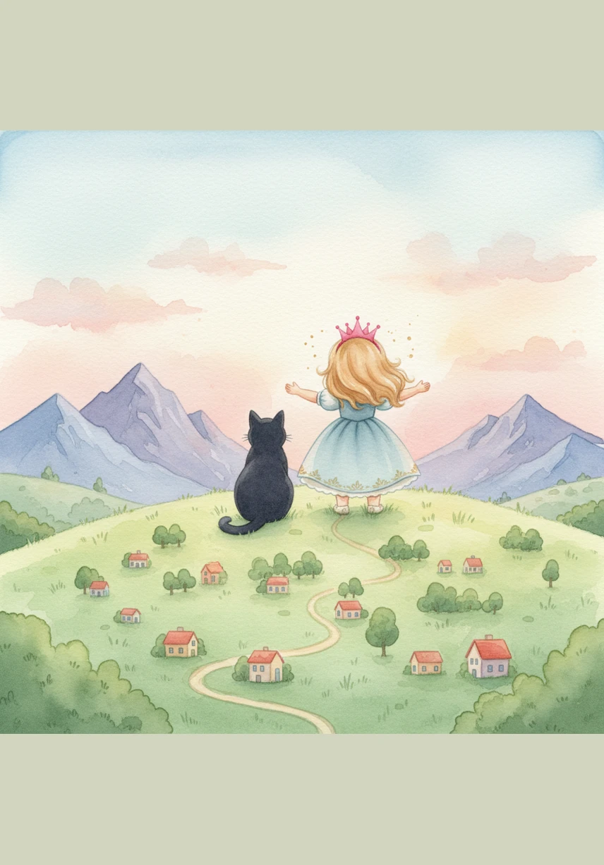 They climb to the top of a soft, grassy hill to look at the view. Pip can see the whole kingdom, from the tiny houses to the tall mountains. The wind blows gently through her hair.