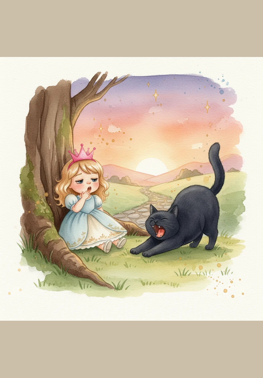 The sky turns a beautiful shade of orange and purple as the sun goes down. Pip feels a little bit sleepy after her long day of exploring. Midnight lets out a big, wide yawn.