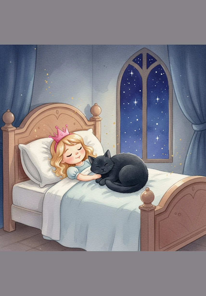 Midnight carries Pip back to the castle just as the stars begin to twinkle. He curls up beside her bed, keeping her warm and safe. It was the best adventure ever.