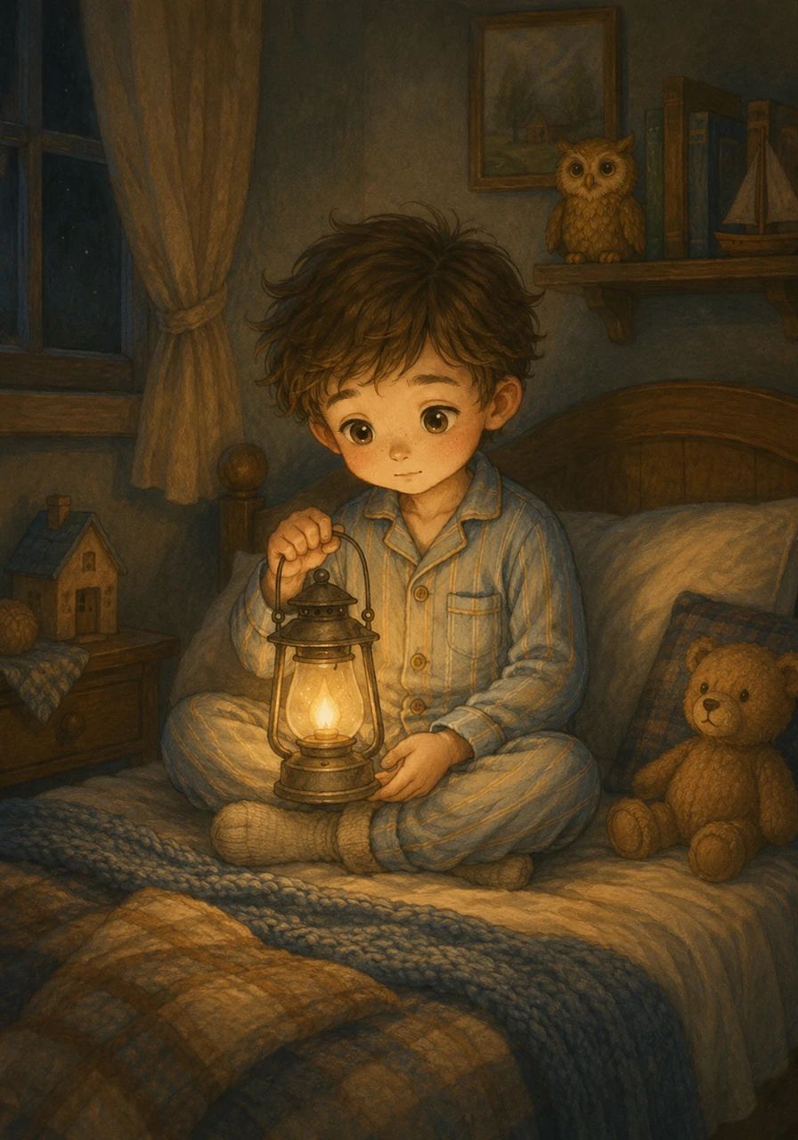 Leo sat on his cozy bed, the quiet night wrapping around his room. In his lap, his special lantern pulsed with a soft, warm light, ready for their journey to dreamland.