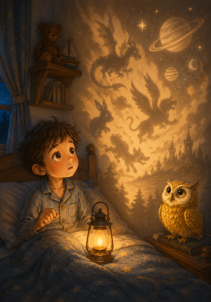 The lantern's glow began to shift, casting dancing light patterns on his bedroom wall. Leo watched, his eyes growing wide as the shadows transformed into friendly creatures and distant, twinkling planets.