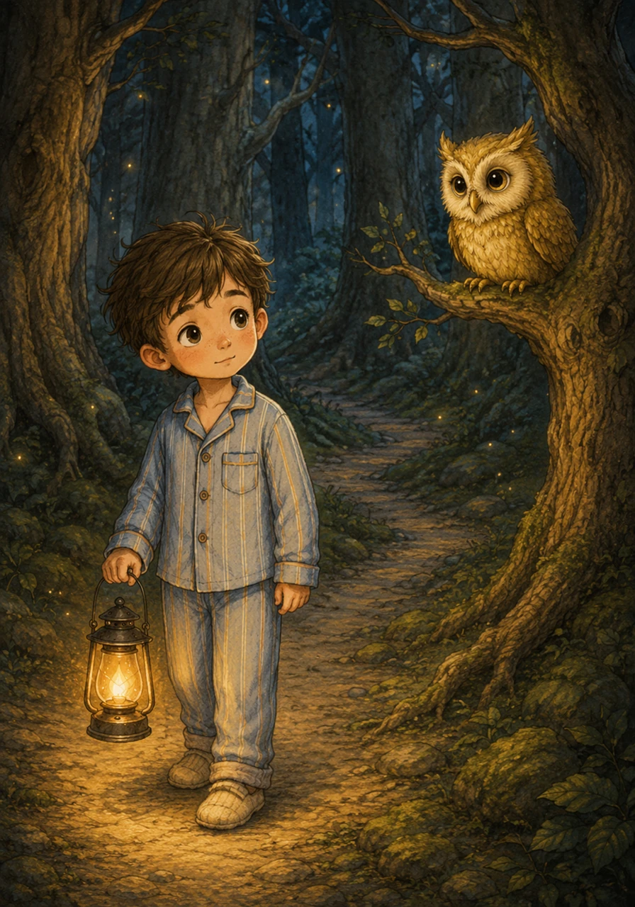 In a flash, Leo found himself standing beside a gentle, winding path in a peaceful, ancient forest. His glowing lantern lit the way through the tall, sleeping trees.
