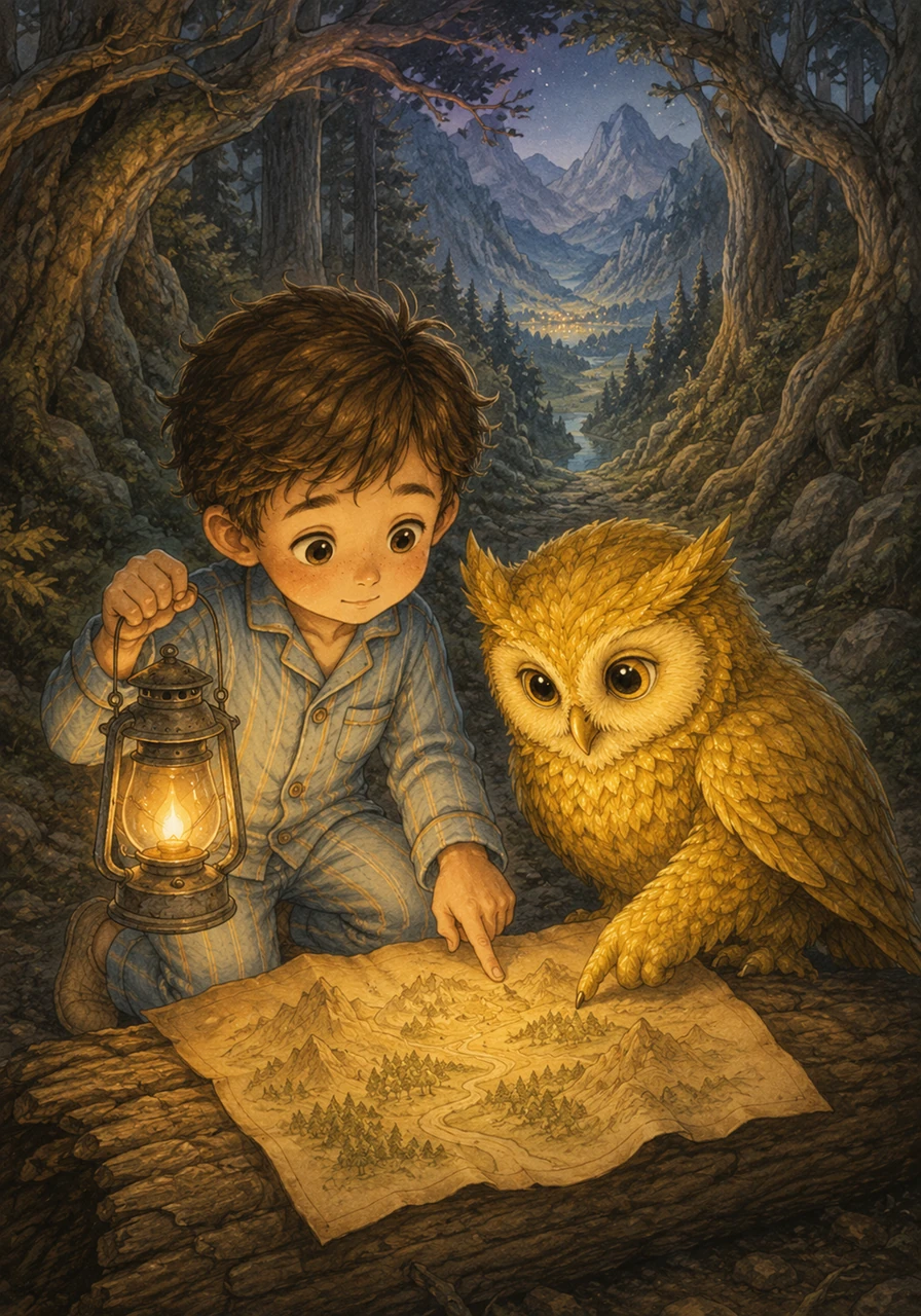A friendly, wise owl glided down from a branch and settled beside him, its feathers shimmering gold. Together, they looked at the map the owl carried, pointing toward a sleepy, hidden valley.