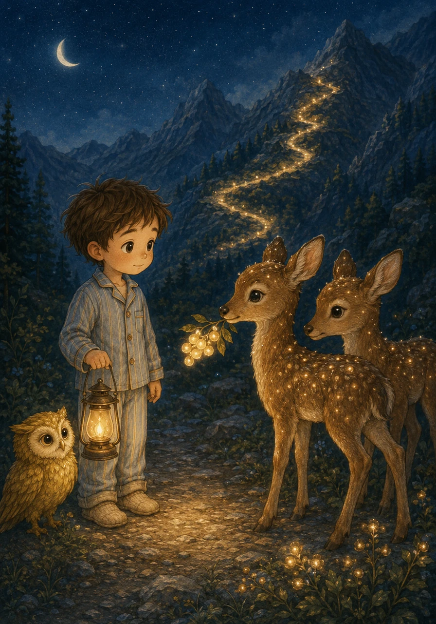 The glowing path now wound upward into the mountains. In a clearing, Leo met two graceful fawns with stars dusting their coats. They silently offered him moonberries, their eyes bright in the lantern light.
