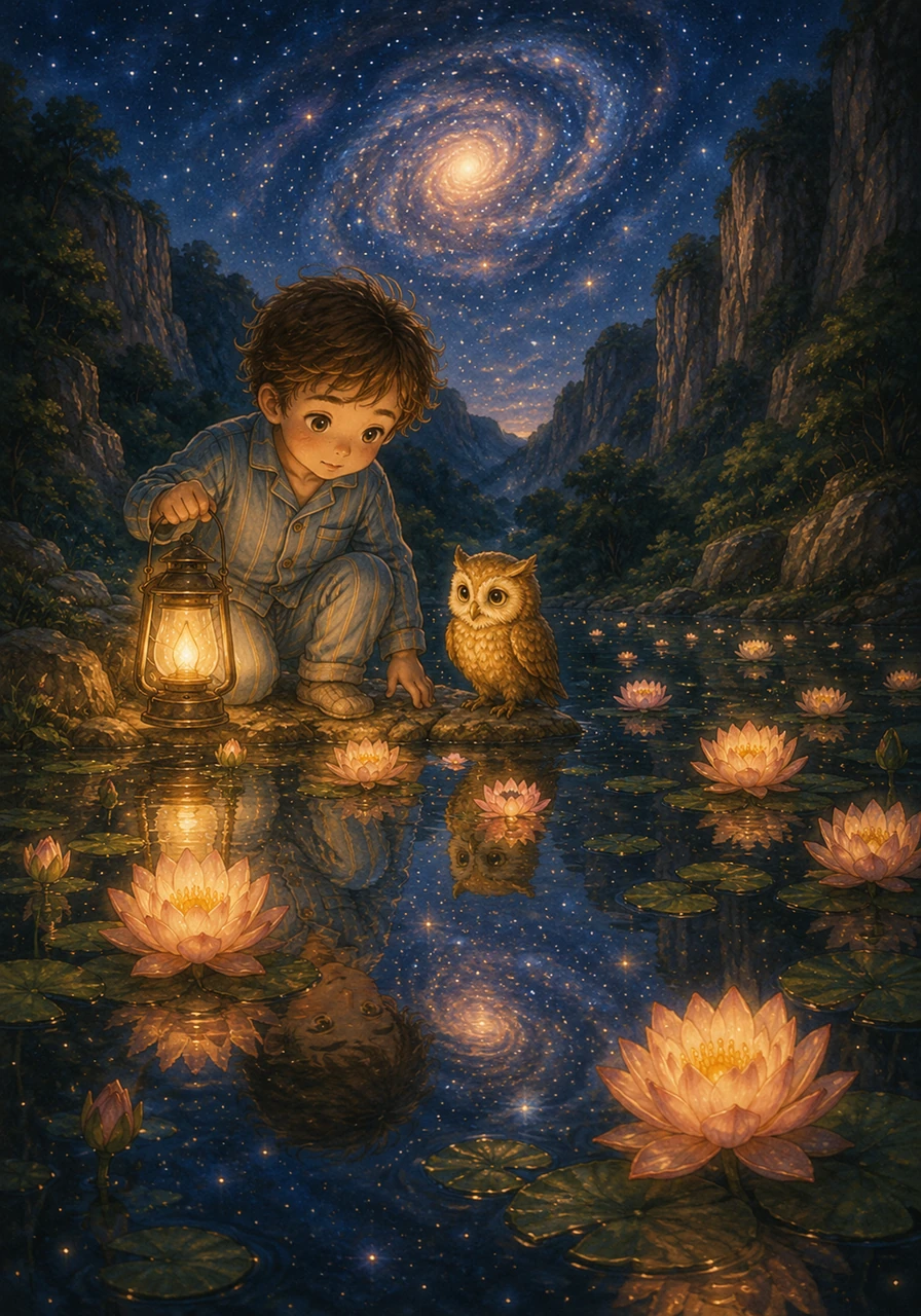 Descending into a hidden valley, Leo discovered a small, calm lake filled with sleeping lilies. The lantern light made the petals blush pink and gold, the still water mirroring the galaxy above.
