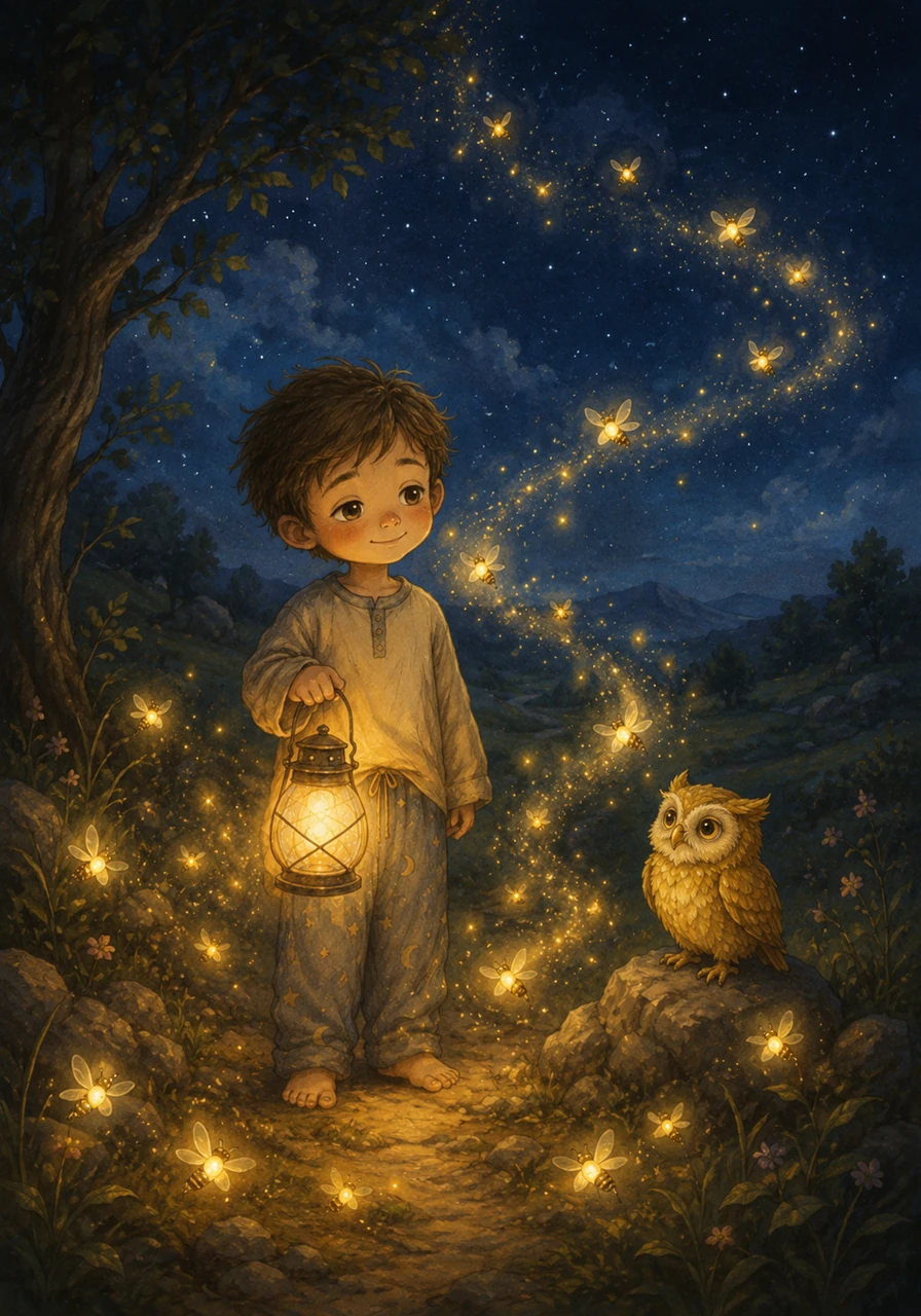 A family of fireflies emerged, their tiny lights weaving around Leo in a gentle dance. They joined the lantern's glow, creating a trail that led towards the edge of the sky.