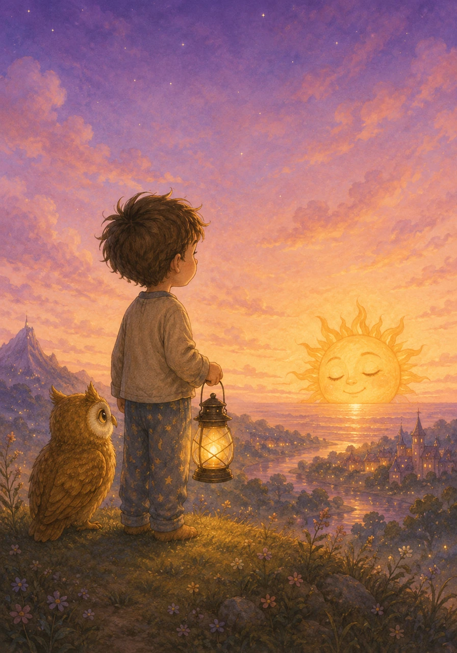 At the horizon, Leo saw the soft light of the Dreamland Sun, painted in hues of lavender and peach. The sun gave a sleepy smile, ready for its long rest.