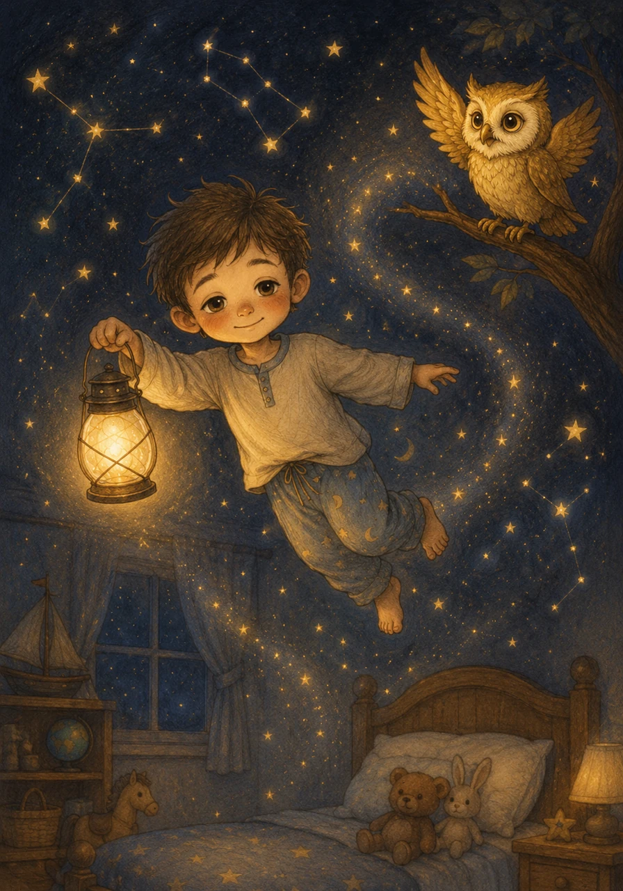 The wonderful journey complete, Leo and his lantern floated back through the quiet constellations. The owl gave a soft, final hoot of farewell as the bedroom came back into view.