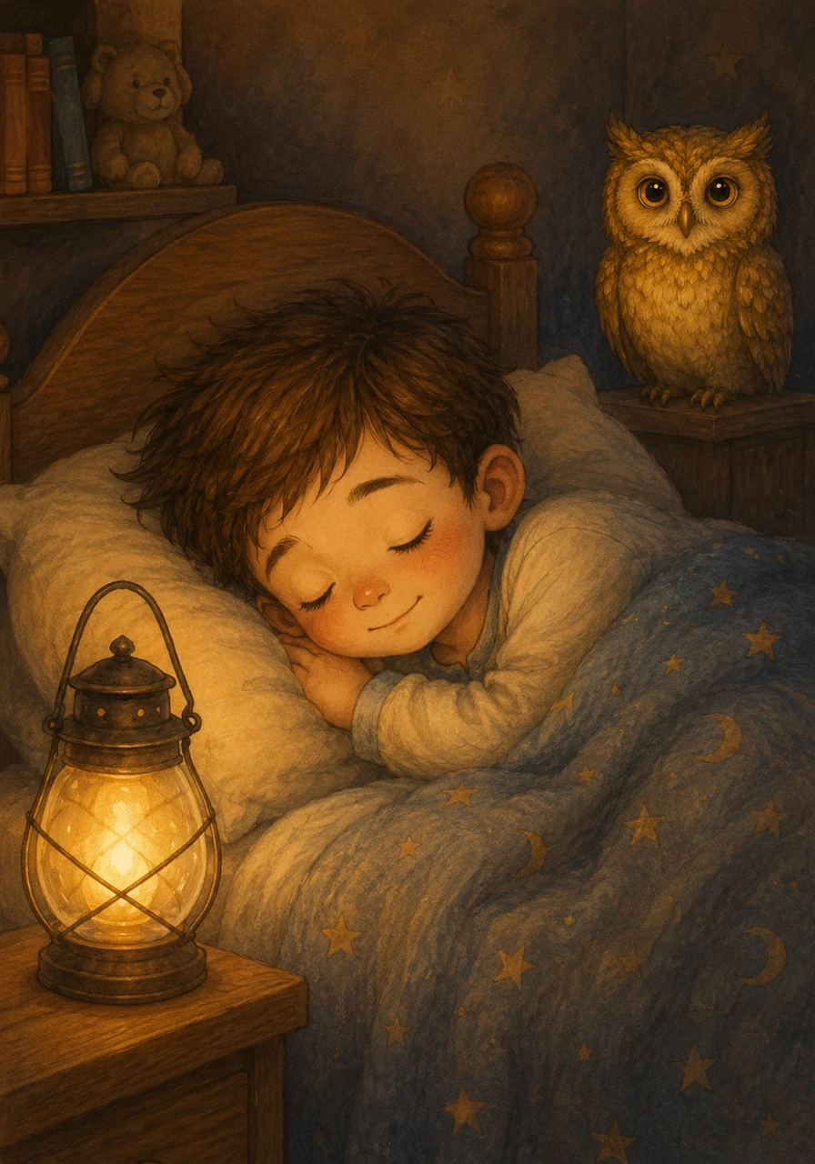 Leo, feeling safe and drowsy, snuggled down under his blanket. His eyes closed, and his lantern dimmed, its warm light held safe within his peaceful dreams.