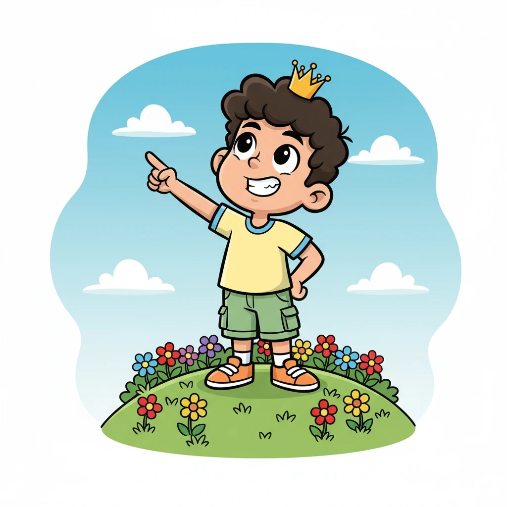 Amin, a boy with a super-sized head and a tiny crown, stood proudly on a small hill, boasting loudly to himself. His chest was puffed out, and he pointed a finger dramatically, convinced he was the best at everything. Bright, cheerful flowers bloomed around his feet, contrasting with his self-important pose.