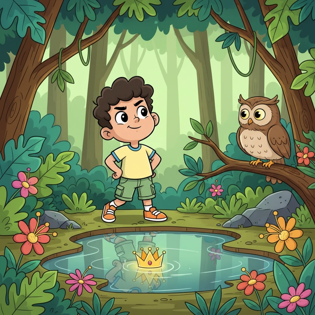 Amin strutted through a lush green jungle, his head held high, ignoring the curious glances of a wise old owl perched on a branch. He walked past towering trees with vibrant leaves, completely focused on his own reflection in a puddle, admiring his imaginary crown.