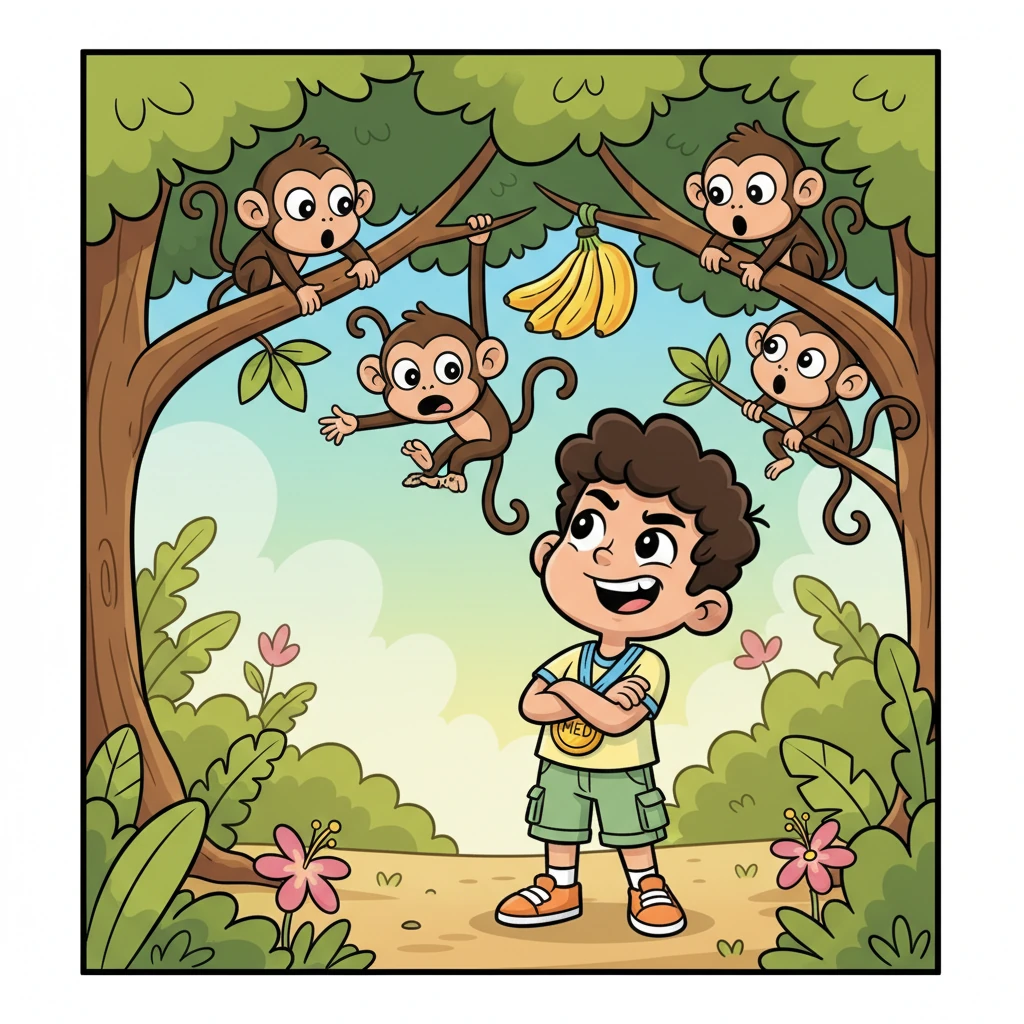 He stumbled upon a group of playful monkeys trying to reach a bunch of ripe, yellow bananas high up in a tree. Amin scoffed, crossing his arms, and declared he could do it much better, though he made no move to help them. The monkeys looked at him with surprised, wide eyes.