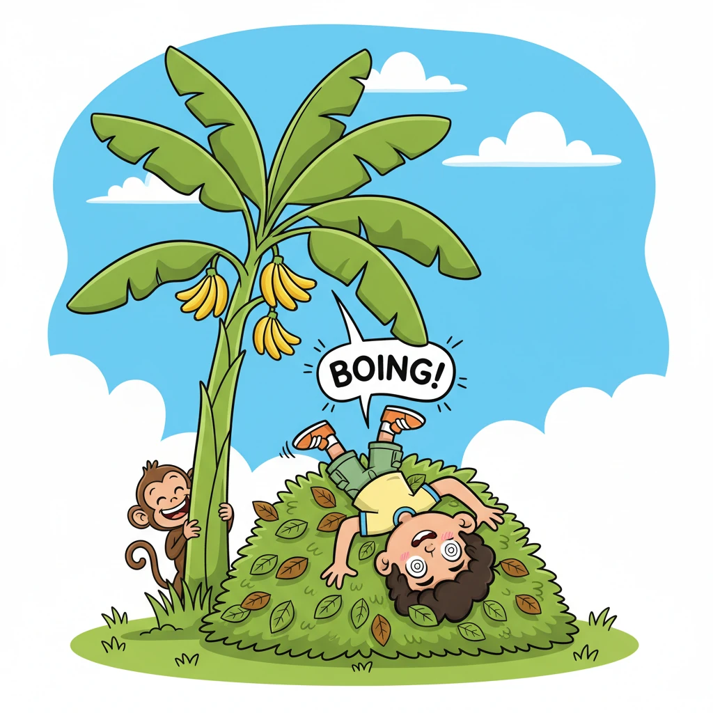 Amin tried to show off by climbing the banana tree himself, but he slipped on a smooth branch and tumbled down with a comical 'boing!' He landed in a soft pile of leaves, looking dazed and a little embarrassed, while the monkeys giggled behind their paws.