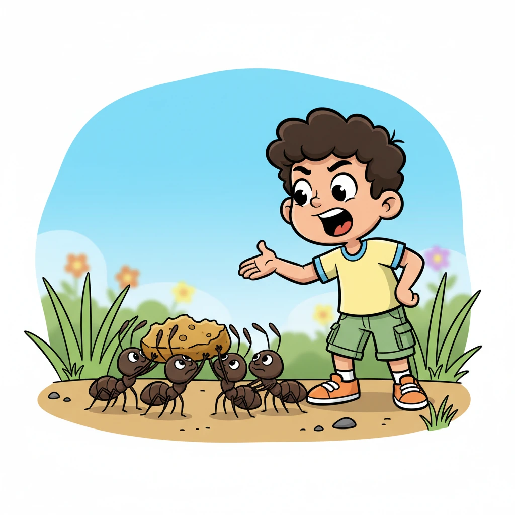 Next, Amin encountered a busy family of ants diligently carrying tiny crumbs. He loudly proclaimed they were too slow and small to be truly important. The ants, with their tiny antennae wiggling, continued their work, unfazed by his big words.