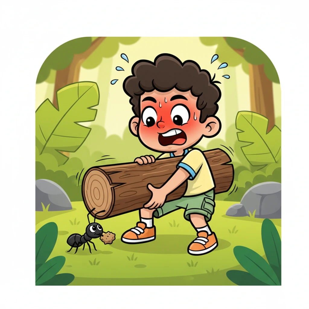 Wanting to prove his strength, Amin tried to lift a log that was clearly too heavy for him. He grunted and strained, his face turning red, but the log barely budged. A tiny ant, having watched his struggle, then effortlessly carried a crumb twice its size past him, making Amin gape in disbelief.