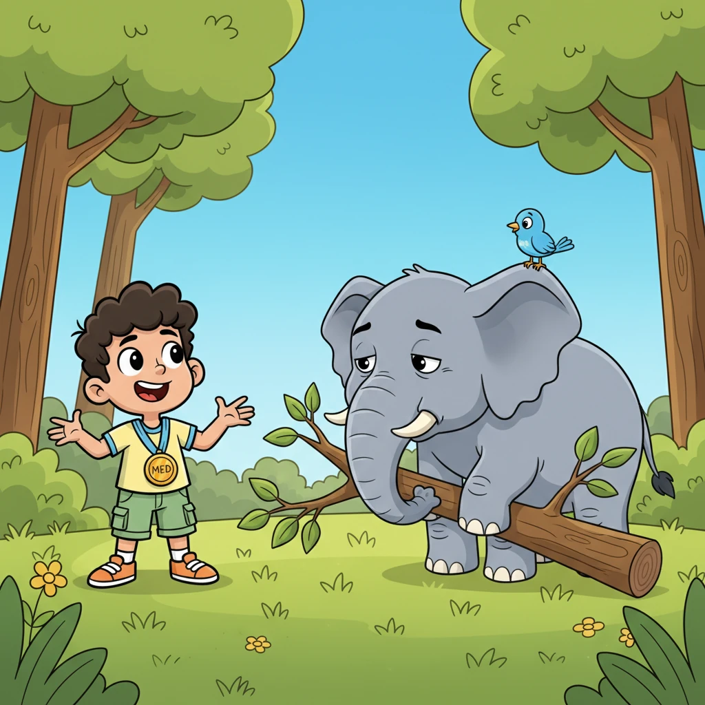 He wandered into a clearing where a gentle elephant was struggling to pull a fallen tree branch. Amin, still feeling superior, offered unhelpful advice from a distance, gesturing wildly with his hands. The elephant looked tired but patient, a small bird perched on its ear.