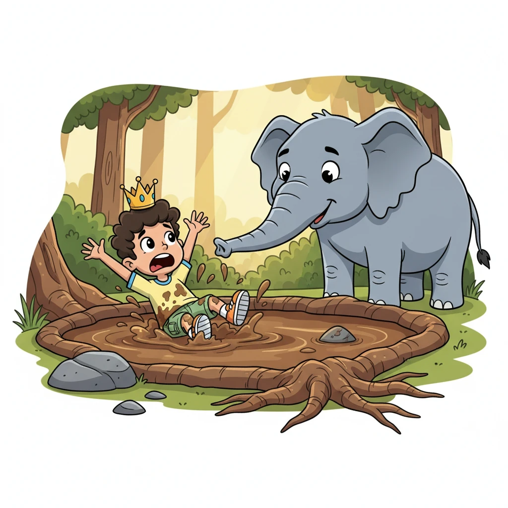 Suddenly, Amin tripped over a root and found himself stuck in a muddy puddle, his crown askew. He flailed his arms, unable to get out. The elephant, seeing his predicament, gently extended its trunk to help pull him free, its eyes full of kindness.