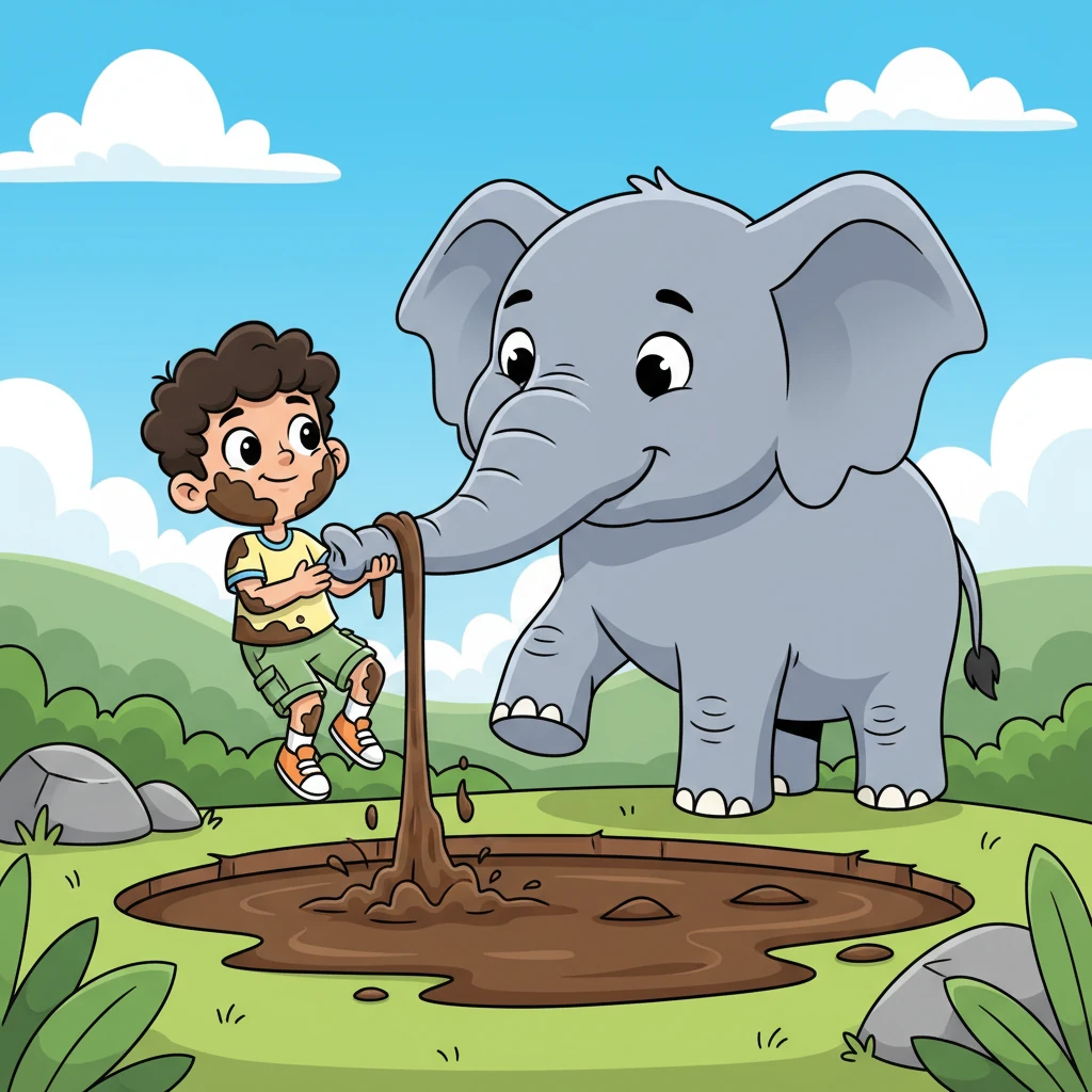 With a gentle tug, the elephant pulled Amin out of the mud. Amin, covered in mud but safe, looked at the elephant with wide, grateful eyes. He realized his words had been unkind, and he offered a shy, genuine smile, finally understanding the elephant's quiet strength.
