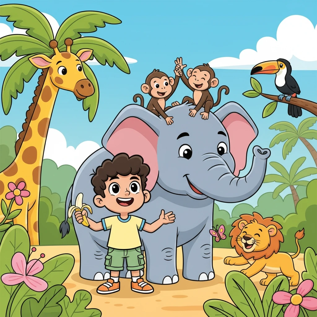 Amin, no longer wearing his imaginary crown, now walked hand-in-hand with the elephant, sharing a banana with the grateful monkeys. He had learned that true greatness comes from kindness and helping others, not from boasting. The jungle animals cheered, happy to have a new, humble friend.