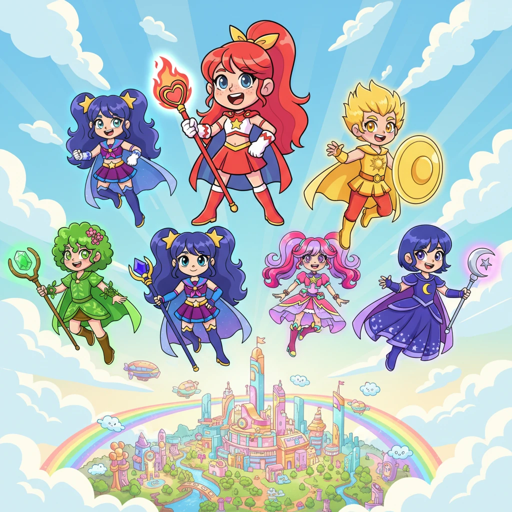 High above the bustling Rainbow City, six radiant figures known as the Chroma Guardians soared through the sky. Lumina, in her bright red suit, led her team – Celeste, Flora, Sol, Rose, and Violet – each glowing in their signature color, ready for any magical challenge.