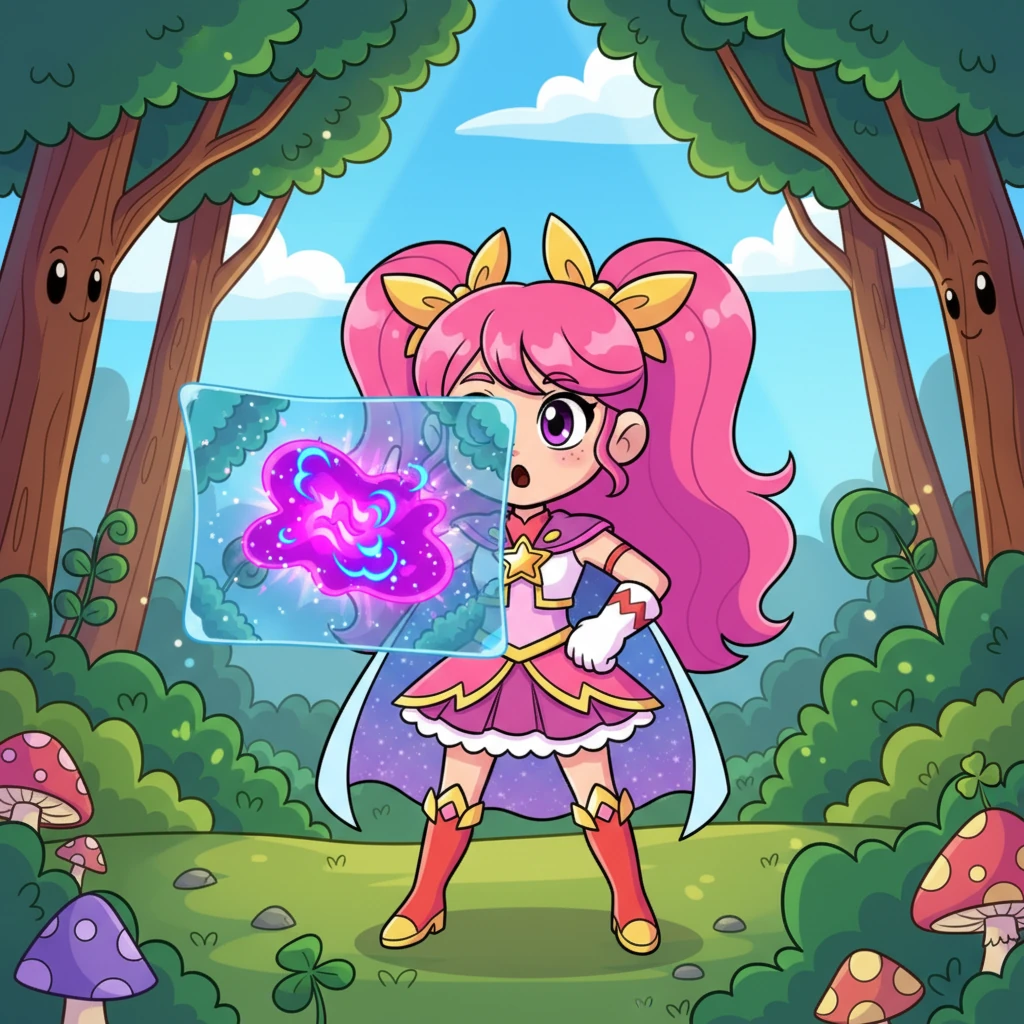 Suddenly, a sparkling alarm chimed from Lumina's wrist communicator. A shimmering, wobbly energy signature appeared on their holographic map, emanating from the Whispering Woods. It looked like mischief was afoot!