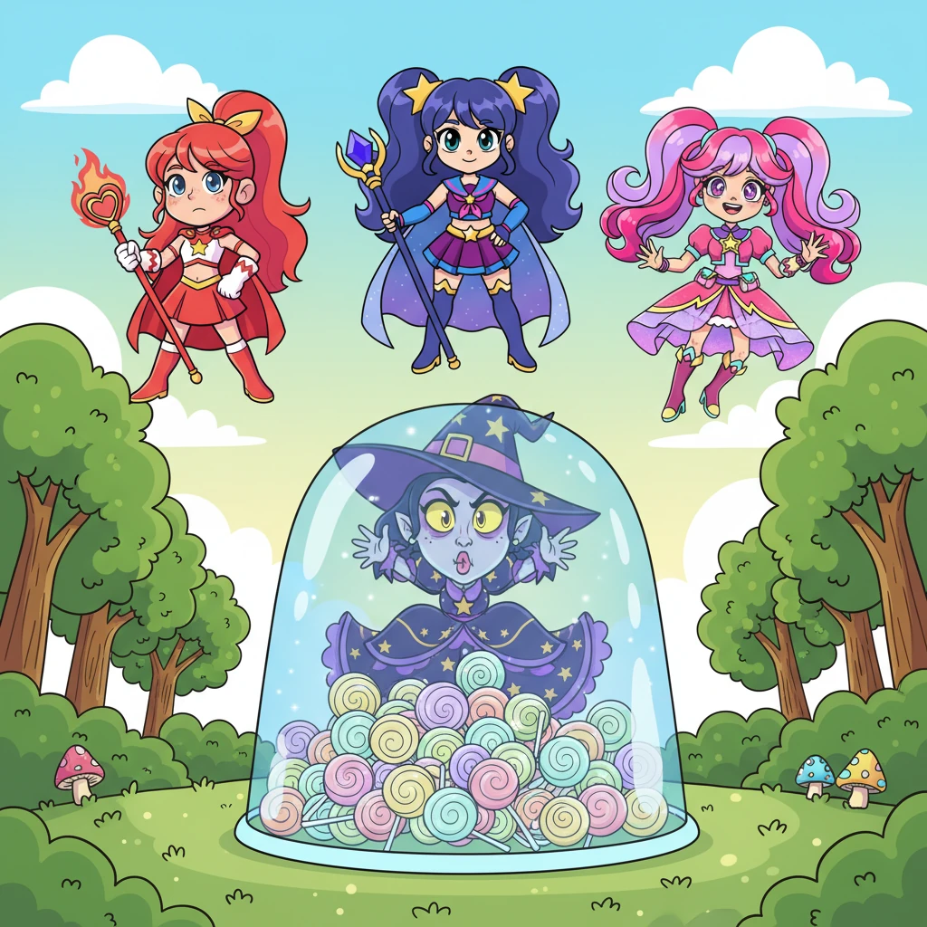 The Guardians zoomed down to a clearing where Witch Willow, a dramatic witch with big, expressive eyes, had conjured a giant, shimmering barrier around a pile of oversized, colorful lollipops. She hugged her barrier, pouting as if daring anyone to touch her sugary treasures.