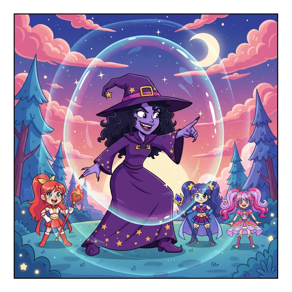 Lumina and her team landed gracefully, confronting Witch Willow. The witch dramatically posed, surrounded by her iridescent, slightly unstable force fields, which pulsed with playful energy. She pointed a finger, daring them to try and get past her defenses.