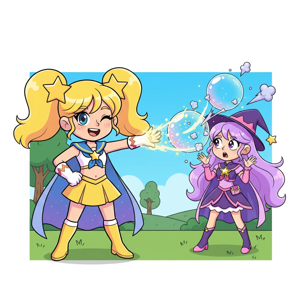 With a wink, Sol, the Yellow Guardian, stepped forward. She unleashed a stream of playful, sparkling energy that tickled Witch Willow's barriers, making them shimmer and pop like giant bubbles, dissolving them without a trace. Witch Willow gasped in mock outrage.