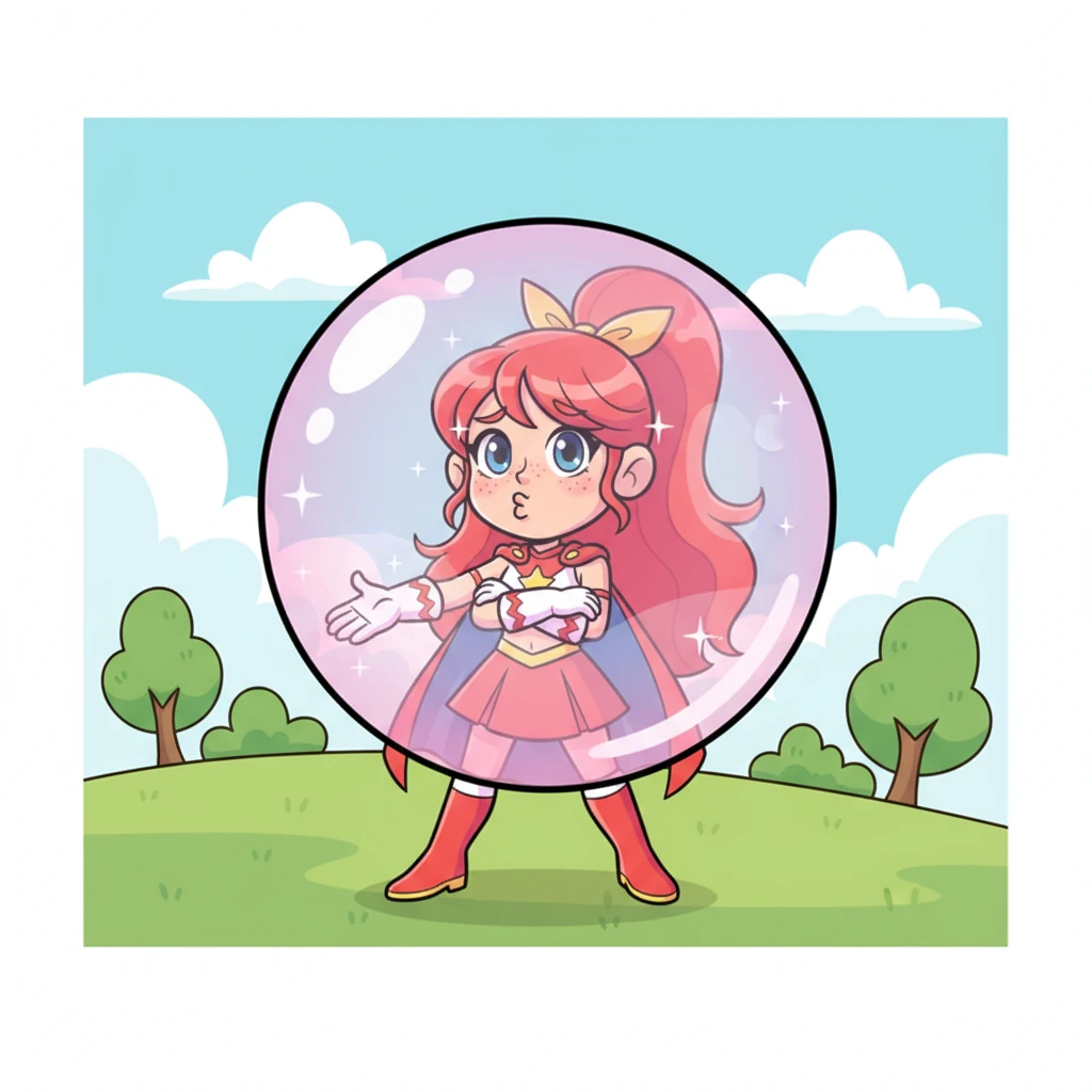Before Witch Willow could conjure another barrier, Rose, the Pink Guardian, gently enveloped her in a soft, glowing, see-through bubble. Witch Willow crossed her arms and puffed out her cheeks, but secretly looked a little impressed by their neat trick.
