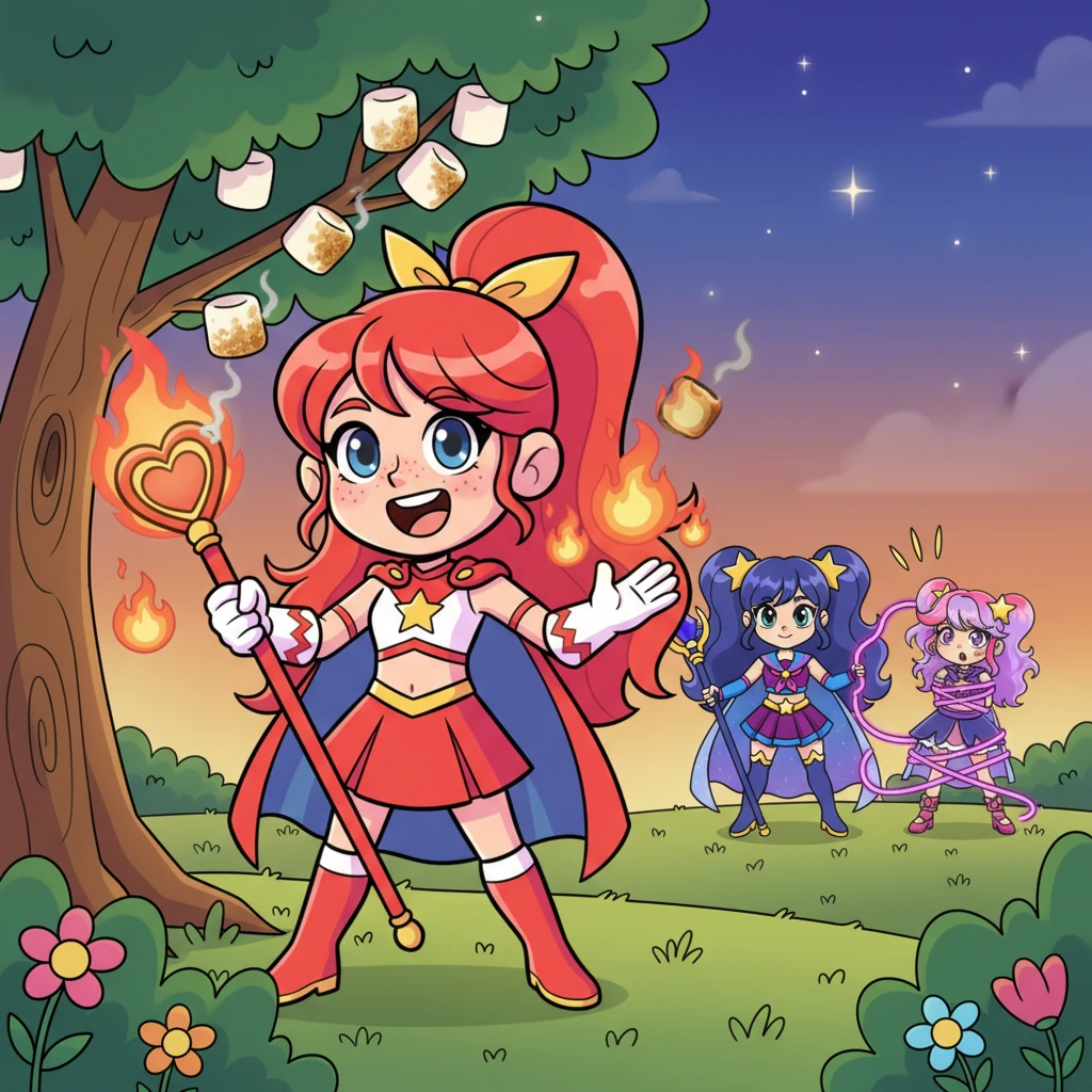 Just as they secured Witch Willow, a burst of cheerful, cartoonish flames erupted nearby! Witch Ember, a feisty witch with fiery red hair and a secretly soft heart, appeared, making small, dramatic fireballs dance around her, accidentally toasting a nearby marshmallow tree.