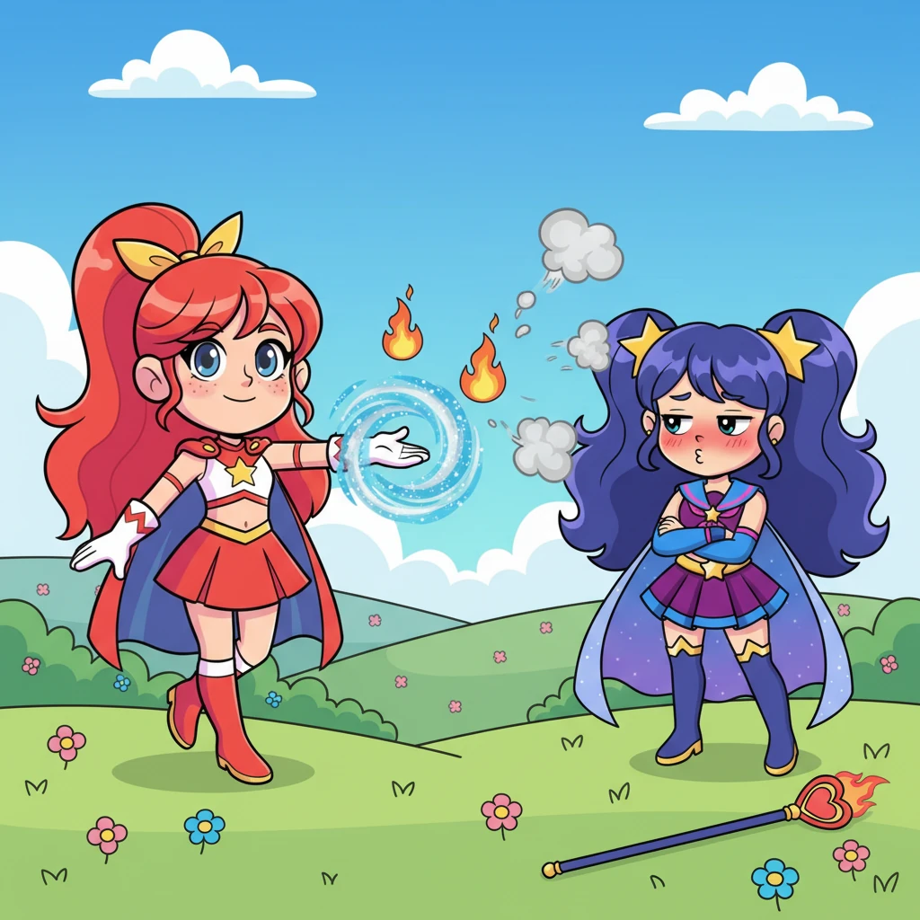 Celeste, the Blue Guardian, glided forward with a calm smile. With a graceful sweep of her hand, she conjured a playful swirl of cool, sparkling mist that gently dampened Witch Ember's flames, turning them into harmless puffs of smoke. Witch Ember blushed, trying to look annoyed but failing.