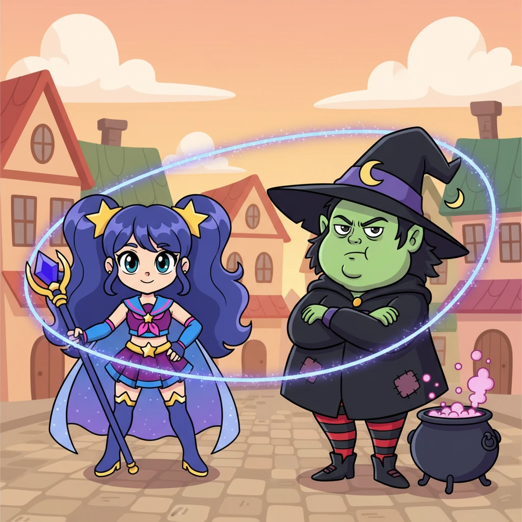 Violet, the Purple Guardian, then conjured a shimmering, friendly lasso of light that gently encircled Witch Ember. The witch huffed and tried to look tough, but a small smile tugged at the corner of her lips as she was safely, and softly, taken into custody.