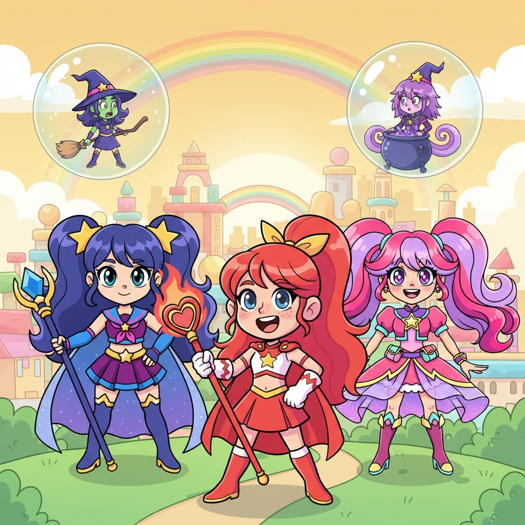 With both mischievous witches safely contained in their temporary magical bubbles, the Chroma Guardians stood together, striking a heroic pose. Rainbow City was safe, and they knew their next adventure was always just around the corner, ready to be met with smiles and teamwork!