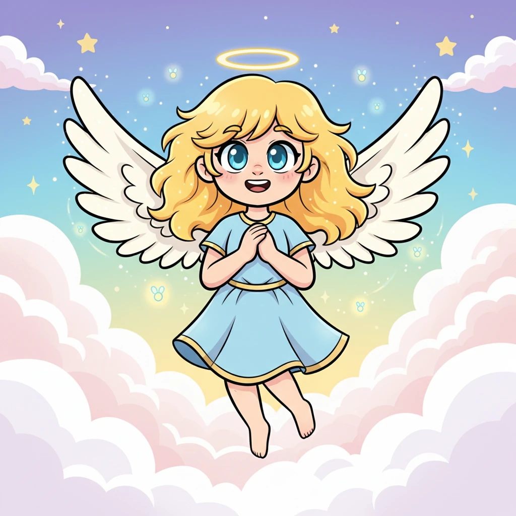 Ариэль, ангел с сияющими крыльями, беззаботно парила среди пушистых облаков в небесном царстве. Ее золотистые волосы развевались на легком ветерке, а улыбка была такой же яркой, как звезды вокруг. Вокруг нее порхали крошечные светлячки, создавая волшебное сияние.