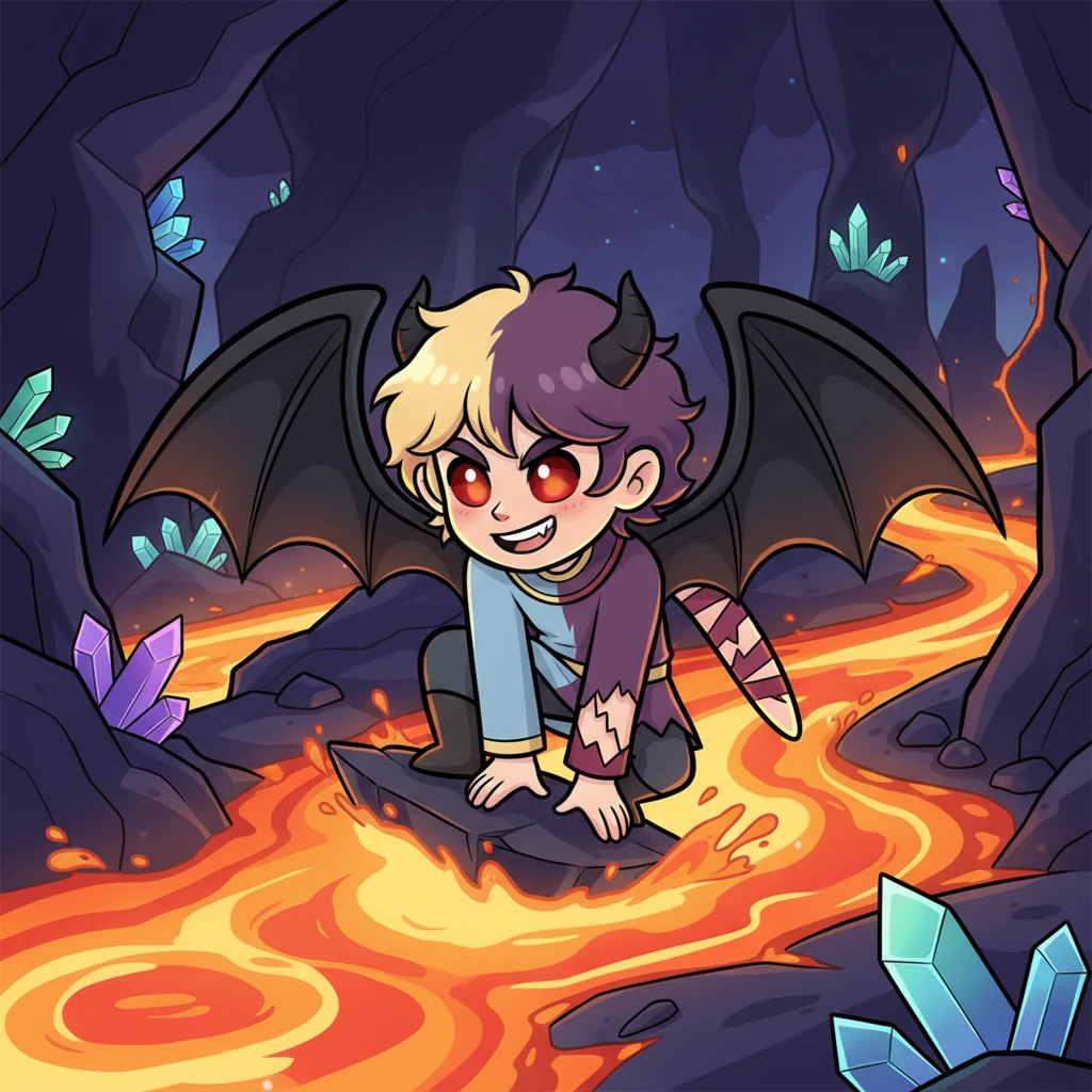 В то же время, в глубинах подземного мира, Кай, демон с озорной усмешкой, ловко скользил по лавовым потокам. Его угольно-черные крылья отражали огненные отблески, а глаза светились таинственным блеском. Он был окружен причудливыми тенями и мерцающими кристаллами.