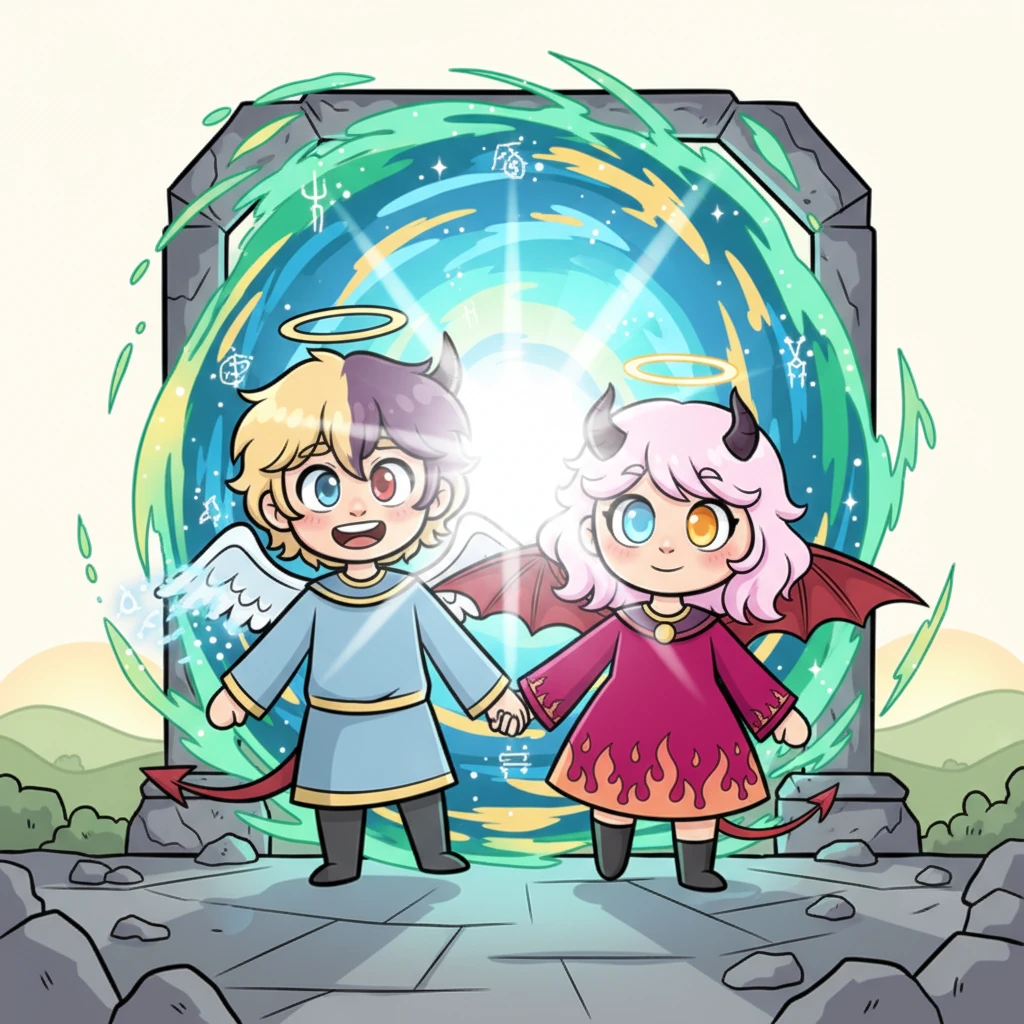 Смело взявшись за руки, они вошли в древний портал, который мерцал между мирами, обещая новую жизнь. В ослепительной вспышке света их крылья исчезли, а силы растворились, когда они превратились в людей. Они почувствовали себя легкими и свободными, но по-настоящему живыми.