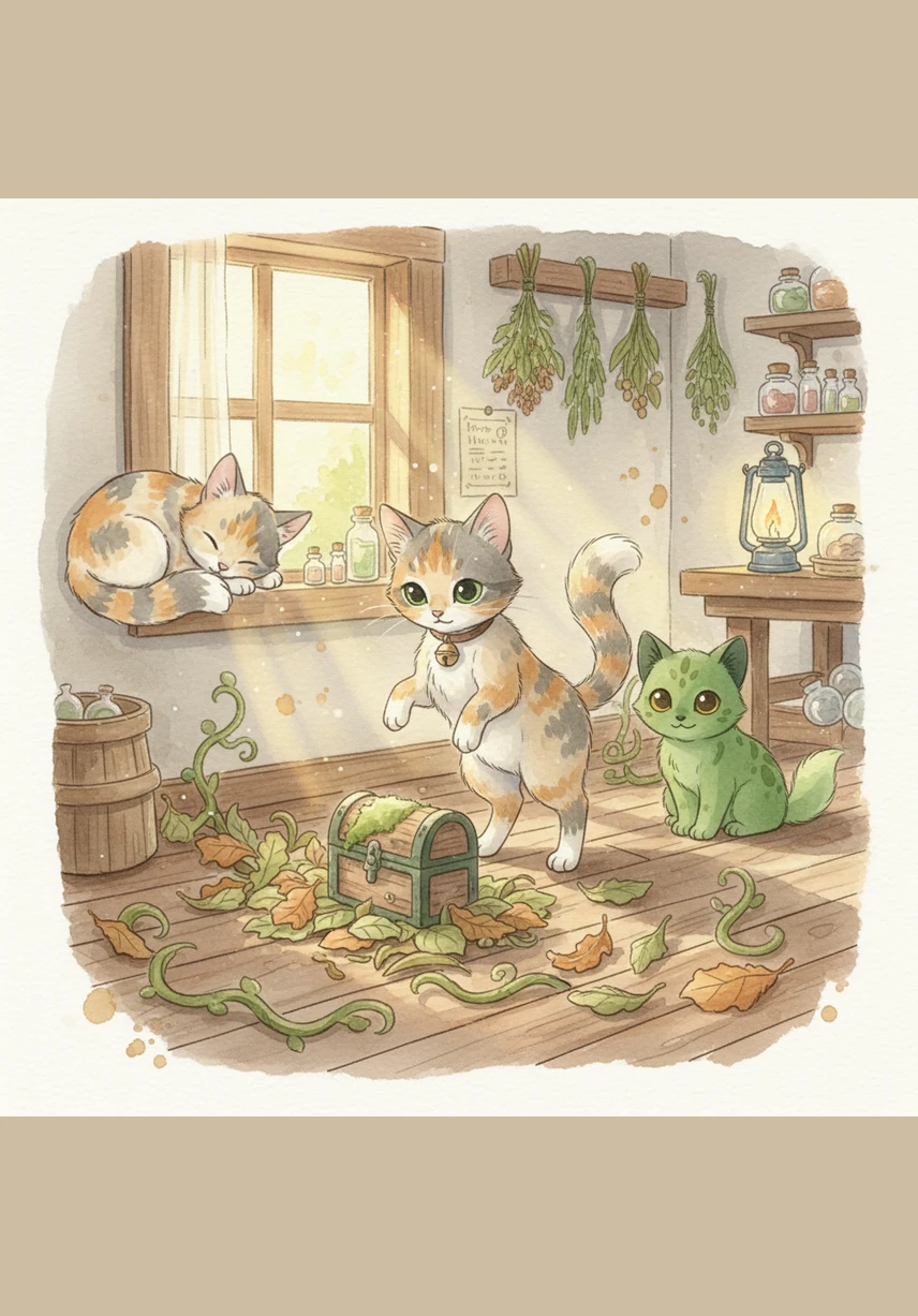 Mimi is a small, curious cat who lives in a cozy little house. One sunny morning, she looks out her window and sees a beautiful, glowing butterfly fluttering by, beckoning her to come outside.