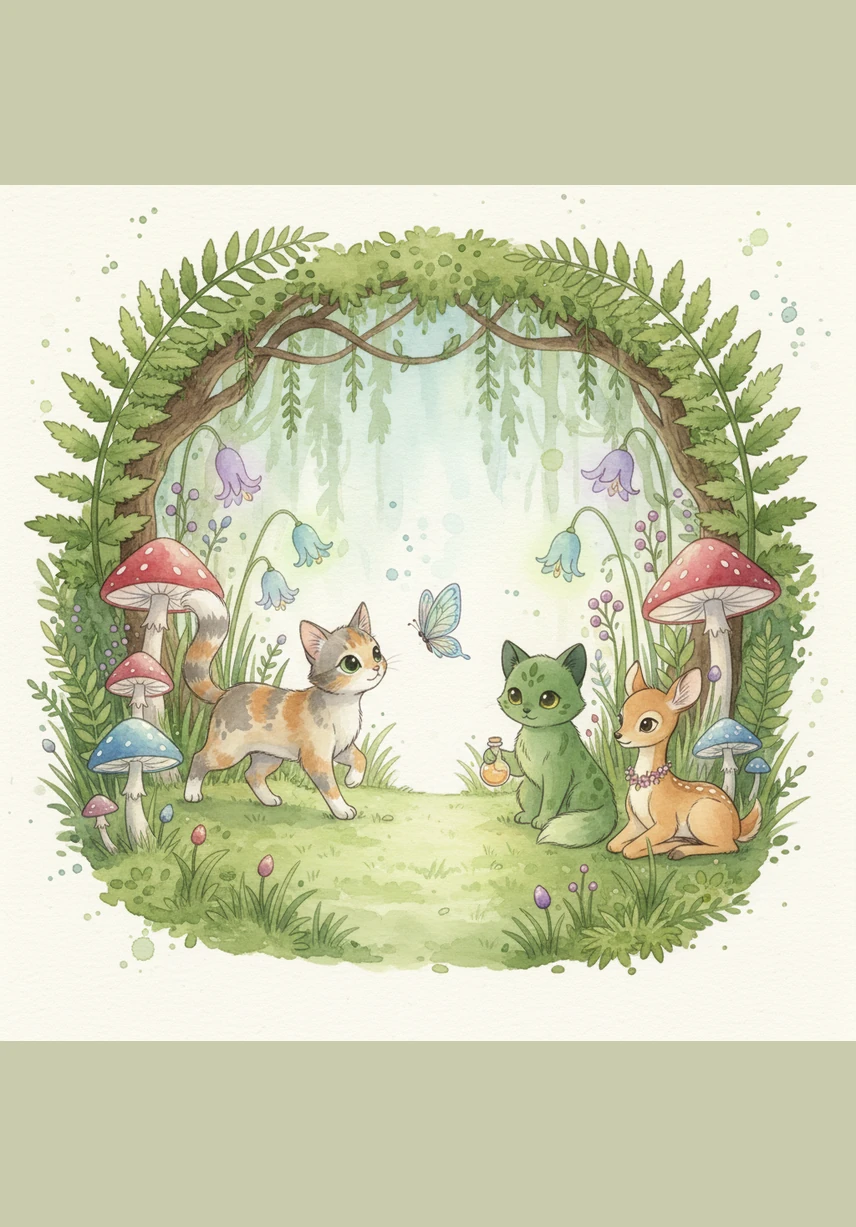 Mimi follows the butterfly to the edge of a lush, emerald-green forest. She feels a sense of wonder as she steps onto the soft moss, noticing tiny green ants marching and a friendly fox watching her from the shadows.