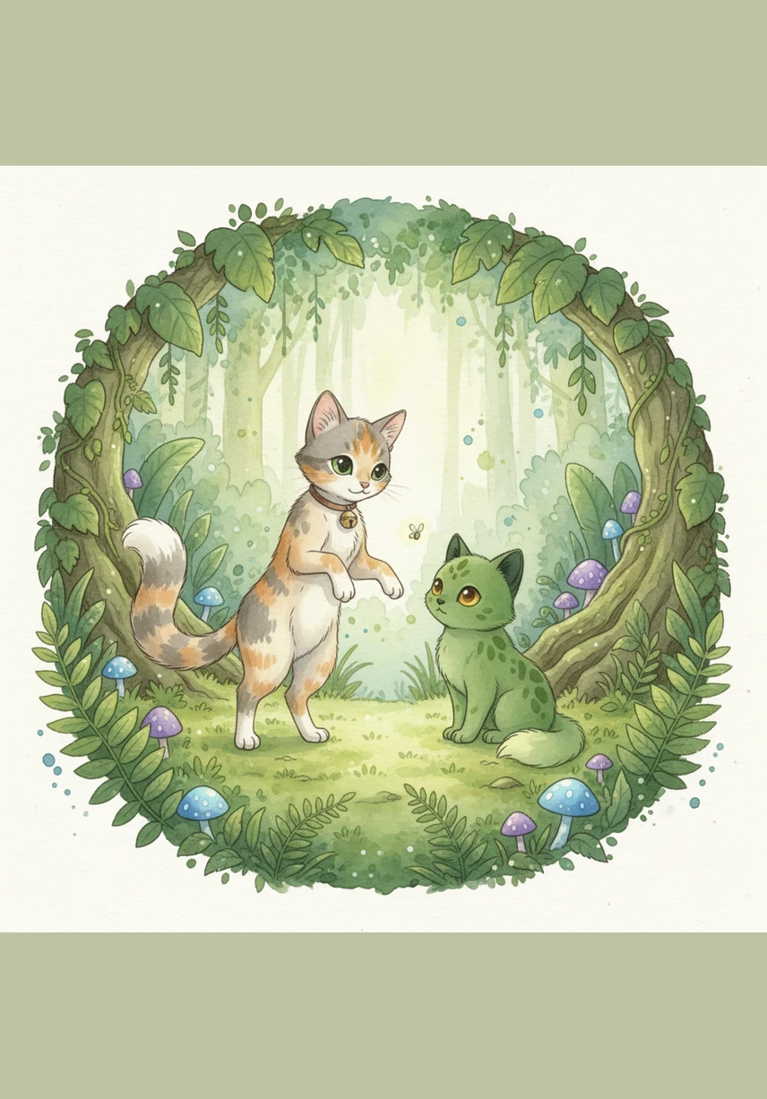 While walking through the ferns, Mimi meets a small cat with soft, moss-colored fur. They gently touch noses and decide to continue the adventure together as the best of friends.