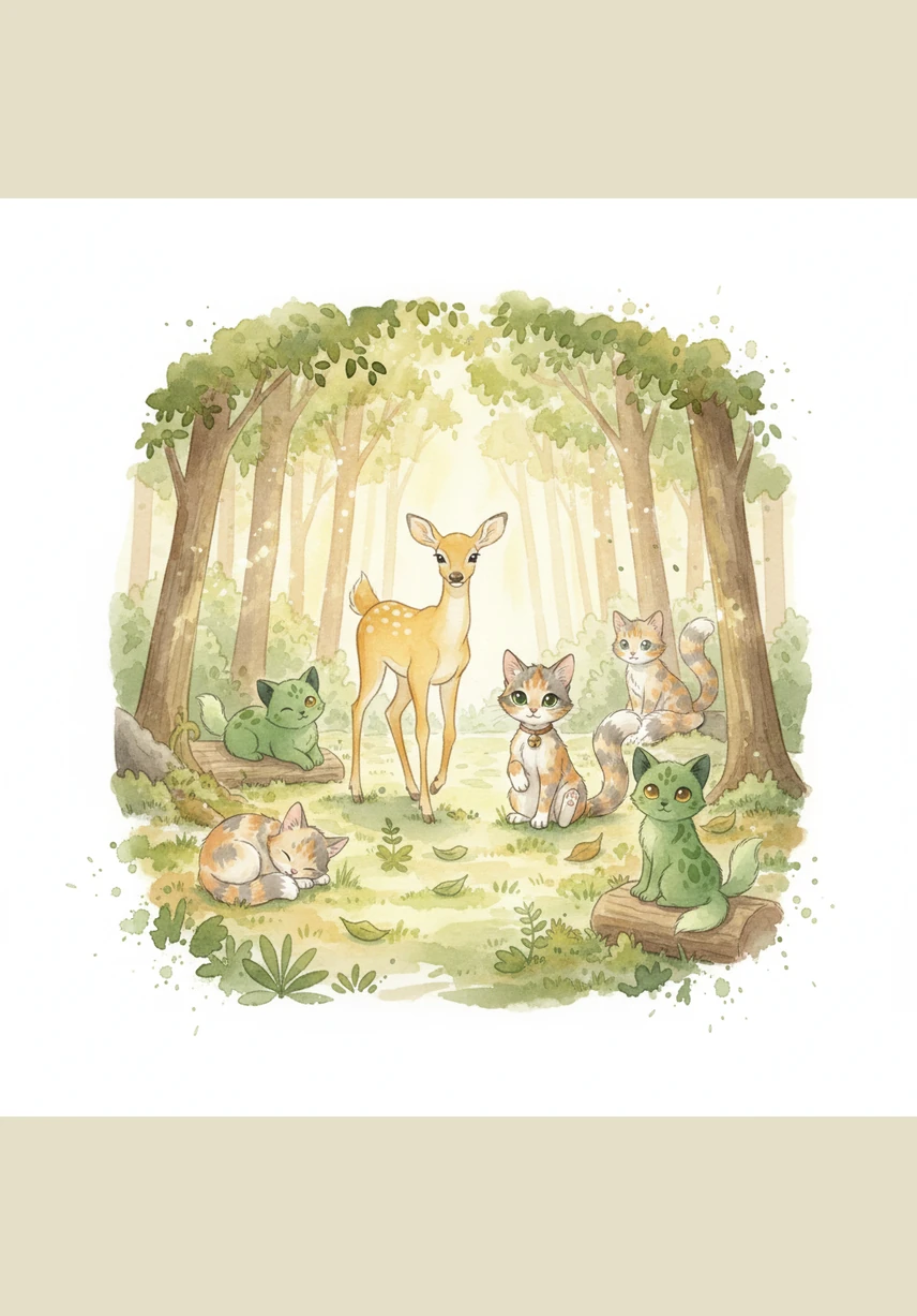The forest becomes quiet as a gentle yellow deer emerges from the golden sunlight filtering through the leaves. Mimi and her new friend walk softly on their paws, following the deer through a field of wildflowers.