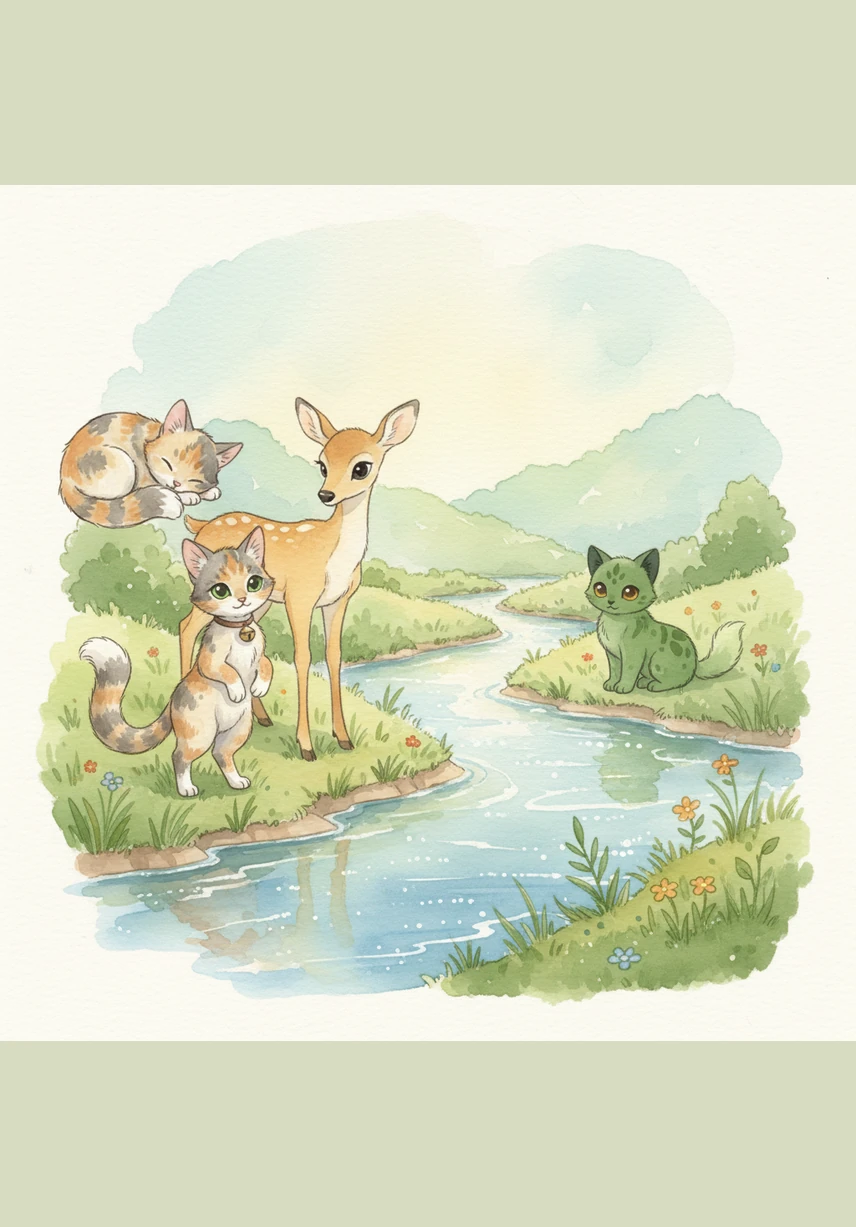 The friends reach a sparkling blue stream where the water dances over smooth, colorful stones. They pause to watch their reflections and see tiny silver fish swimming playfully beneath the surface.