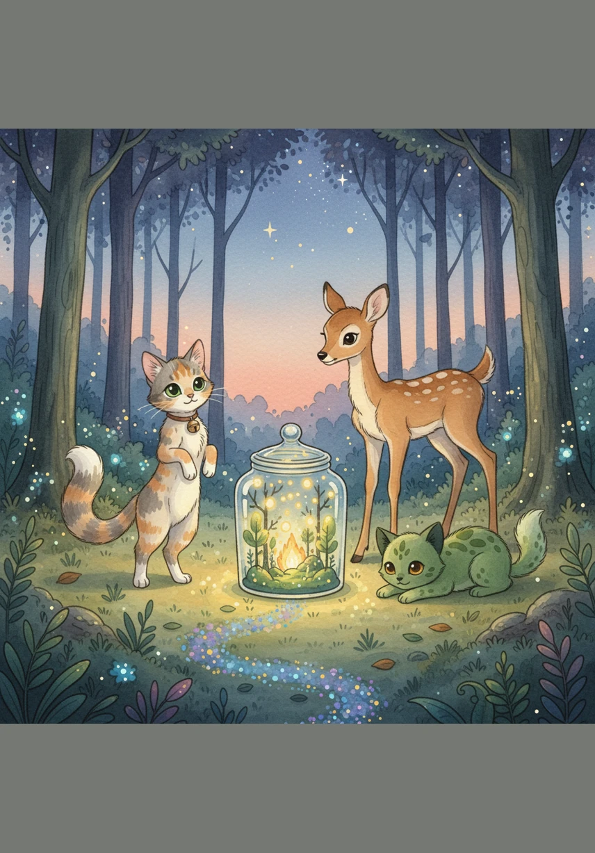 Night begins to fall, and the forest comes alive with the soft glow of a thousand tiny fireflies. Mimi and the green cat leap and play among the floating lights, feeling like they are in a beautiful dream.