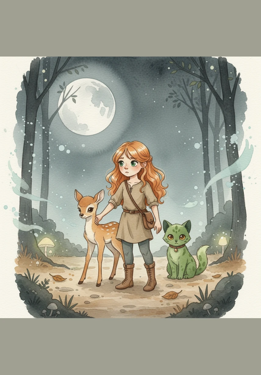 Under the light of the silver moon, Mimi realizes it is time to return to her warm home. Her new friend walks with her to the edge of the woods, promising they will meet again for another adventure soon.
