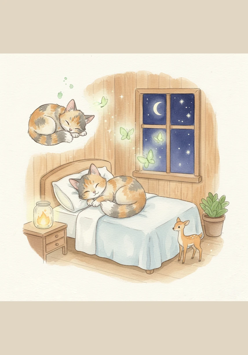 Mimi arrives back at her little house just as the stars begin to twinkle in the sky. She curls up in her soft bed, purring happily as she dreams of butterflies and the wonderful secrets of the forest.